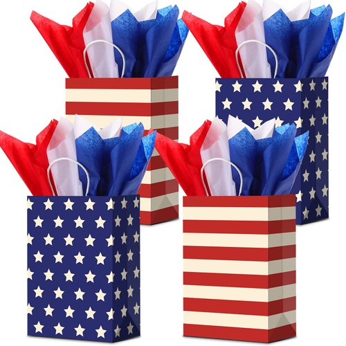 16 Pieces Patriotic Gift Bags with Handle with 18 Pcs Tissue Paper 4th of July Gift Bags American Flag USA Gift Bags for Veterans Day Memorial Day Independence Day Party (Retro Style)