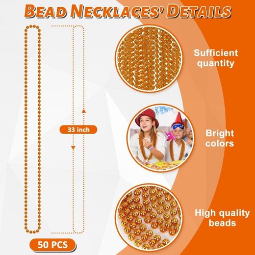50PCS Bead Necklace, Orange Bead Necklaces Party Favors Bulk, 33" Mardi Gras Necklaces Women Men, Festival Parade Throw Accessories for Mardi Gras Halloween Wedding Party Celebrations Decorations