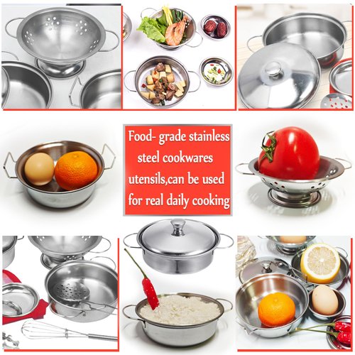 Rupnoflbui Kids Pretend Play Kitchen Toys,Mini Cooking Toys Set Play Kitchen Accessories with Stainless Steel Pots and Pans Set,Pretend Play Food Cooking Utensils Cookware for Girls Boys.11Pcs