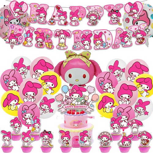 Melody Birthday Party Decorations, Kawaii Cartoon Party Supplies with Banner, Cupcake Cake Toppers and Foil Balloons Party Favors for Fans Birthday Background Decorations