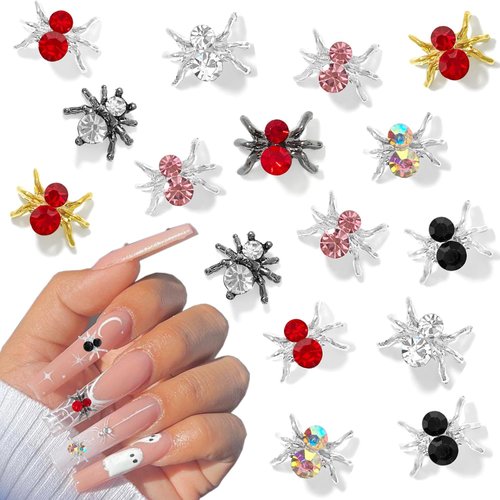 36Pcs Halloween Nail Charms 3D Spider Nail Art Charms Shiny Alloy Spider Nail Rhinestones Gold Silver Red Black Halloween Nail Jewelry Crystal Colorful Spider Nail Gems for Acrylic Nail Supplies Decor