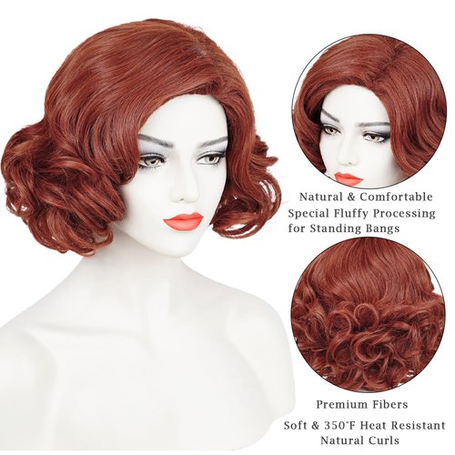 Brown 1920s Wig Women, Auburn Short Curly Wig Finger Wave Wig Roaring 20s Vintage Flapper Wig Lady Rockabilly Synthetic Hair Wig + Wig Cap for Halloween Costume Party Cosplay