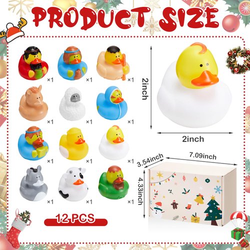 DEEKIN 12 Pcs Nativity Rubber Duck 2 Inches Christmas Nativity Duck with 1 Box Nativity Party Ducks Suitable for Holiday and Stocking Stuffers for Kids