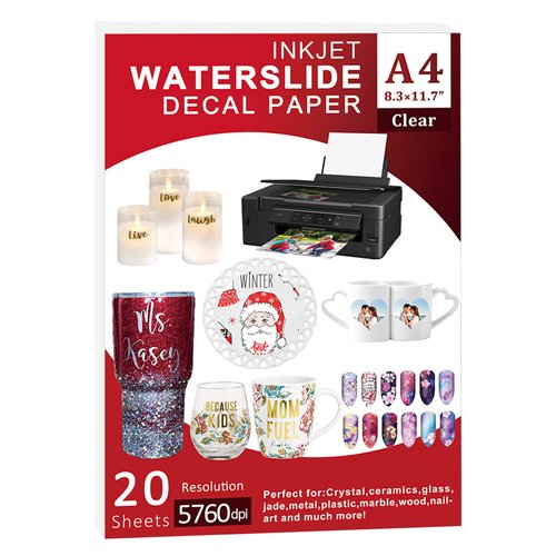 Waterslide Paper-20 sheet Inkjet Water Slide Paper,A4 Size clear waterslide paper for DIY Decals Gift Crafts Ceramics Candles and Custom Tumblers, waterslide decal paper (The packaging may be blue)