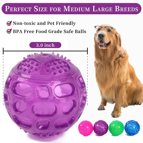 PJDH 3'' Squeaky Dog Toy Balls for Lagre Medium Puppy, Indestructible Dog Balls for Playing, Fetching & Retrieving, Durable Aggressive Chewers, 3 PCS Green+Purple+Red