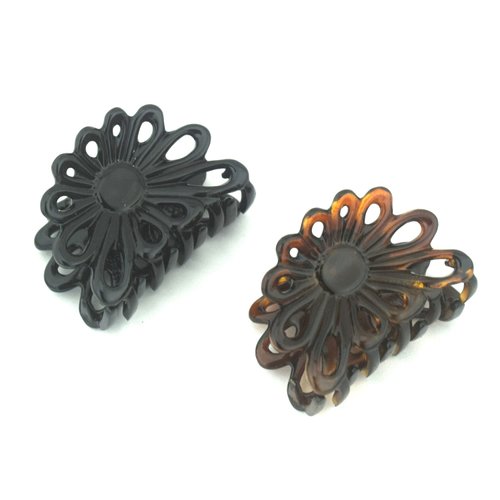 Parcelona French PLUME Small Brown Shell and Black Set of 2 Celluloid Tortoise Jaw Hair Claw Clip Clamp Clutcher - 2 Inch