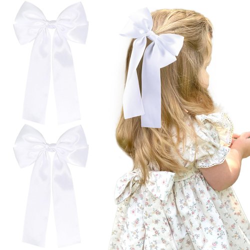 NCMAMA 2Pcs Hair Bows for Girls Hair Clip White Silk Hair Bow Ribbon Hair Accessories for Women Toddlers Infant Teens Kids(White)