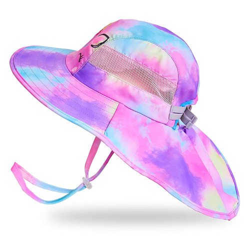 Kids Sun Hat UV Protection Unicorn Summer Beach Play Hats Wide Brim Neck Flap for Girls Boys 2-9 Years, Purple Aqua Tie Dye
