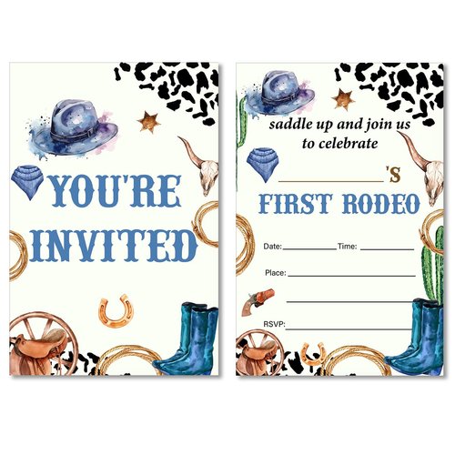 Cowboy First Birthday Invitations My First Rodeo Birthday Invitations with Envelopes Set of 20 Wild West Southwestern Boy 1st Birthday Invites Fill in Blank