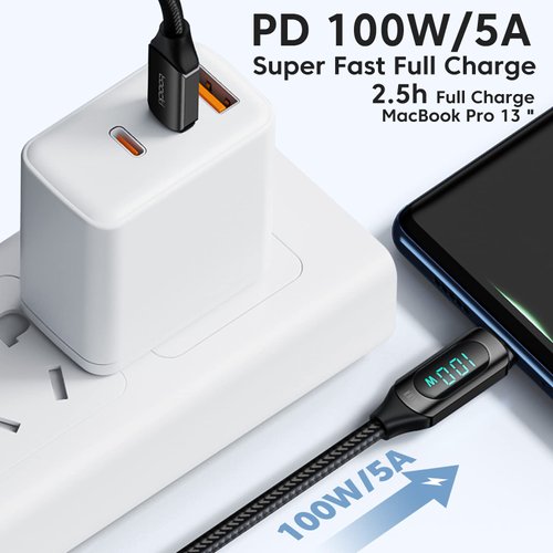 6.6FT USB C to USB C Cable 100W USB C Charge Cable Fast Charging Type C Charge Cable with LED Display, Type C to Type C Cable 480Mbps Nylon Braided Cable for MacBook Pro 13 16 MacBook Air 13 15