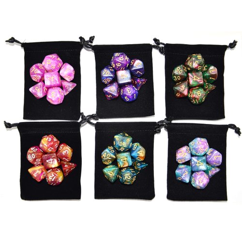 SmartDealsPro 6 x 7 Sets (42 pcs) Glitter Polyhedral Dice Sets with Pouches for DND RPG MTG Dungeon and Dragons Table Board Roll Playing Games D4 D8 D10 D12 D20 (6 Sets)