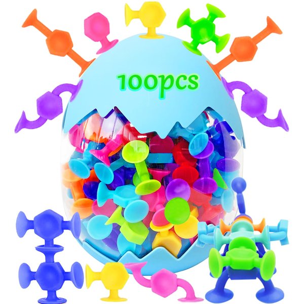 100pcs Suction Bath Toys for Baby Kids, Bath Toy Silicone Construction Building Blocks Montessori Sensory Toy for 3 4 5 6 7 8 Years Old Toddlers Boys Girls with Egg Storage…