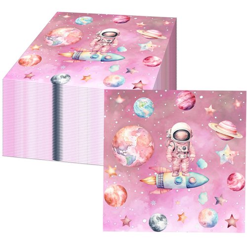 60 Pcs Outer Space Girls Party Paper Napkins Astronauts Girls Party Decorations Space Disposable Paper Napkins for Girls Baby Shower 1st 2nd 3rd 4th Birthday Party Supplies Decorations