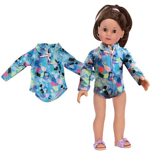 Sophia's Colorful Collage Print Long Sleeve Rash Guard Style Surfer Swimsuit with Zipper and High Collar for 18" Dolls, Blue
