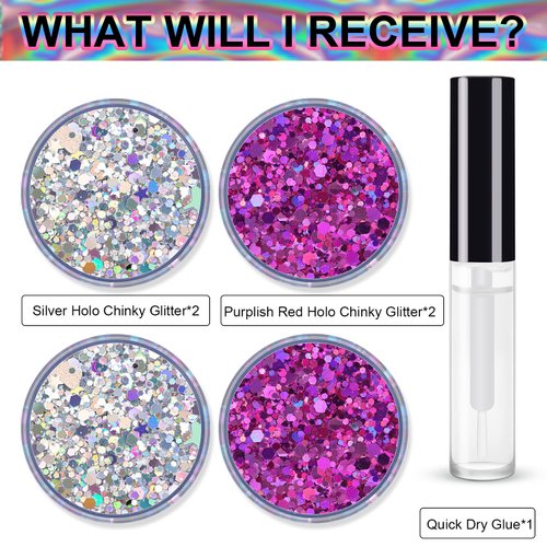 Silver and Purplish Red Holographic Chunky Glitter Cosmetic Body Hair Face Eye Nail for Festival Carnival Concert Beauty Rave Accessories Different Shapes 4 Pots 32g/1.12oz+ Quick Dry Primer Glue Gel