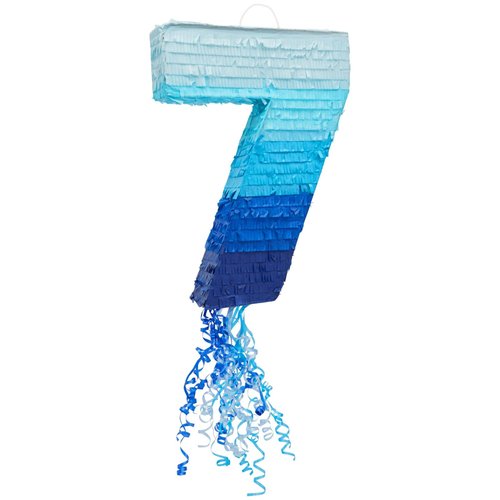 BLUE PANDA Number 7 Pull String Pinata for Boys 7th Birthday Party Decorations, Ombre Blue (16.5 x 11.35 In)