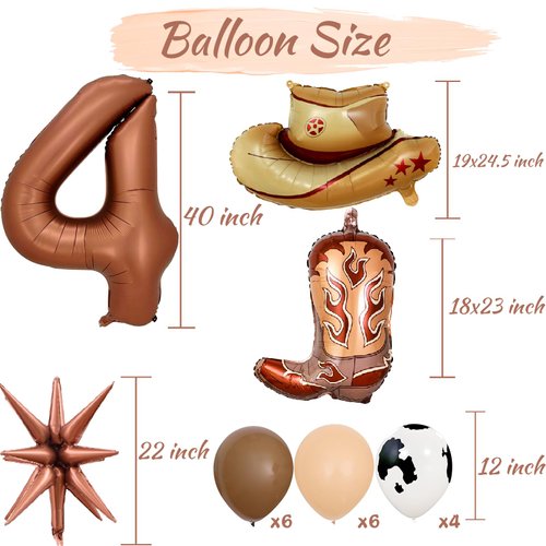 Number 4 Balloons Cowboy Themed Party Decorations, 40inch Foil Balloon Brown Number Balloons, Cow Balloons Cow Farm Cowboy Hat Balloons for Kids Cowboy Birthday Party Decorations