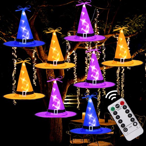 Ivenf Halloween Hocus Pocus Decor, 8 Pcs Lighted Hanging Witch Hats, String Lights with Remote,Halloween Decorations Outdoor for Garden Yard Indoor Outside Party, 19.6ft, 3 Colors