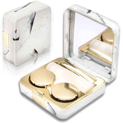 Vastsoon Contact Lens Case, Portable Cute Eye Contacts Colored Lenses Applicator Remover Tool Kit with Mirror Solution Bottle for Travel Daily Outdoor (Square, Gold)
