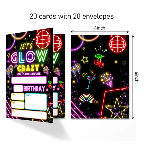 ANYEMW 4x6 Glow Birthday Invitations, Neon Birthday Party, Neon Party Decorations, Birthday Party Invitations For Boys Girls, Kids Birthday Invitations, 20 Cards with 20 Envelopes.(28)