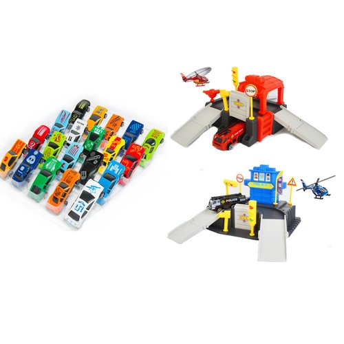 Maggie City Rescue Squad and Police Rescue Cars 2-Level Parking Storage Set with 15 Metal Die-Cast Pull Back Toy Cars Set