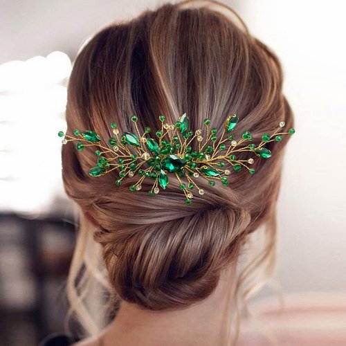 Bride Wedding Hair Comb Green Crystal Golden Bridal Hair Vine Piece Accessories for Women Girls Party Photography (Green)