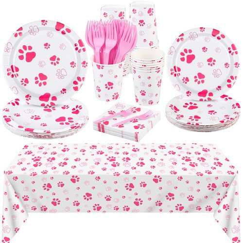 durony 121 Pieces Pink Paw Print Party Supplies Dog Birthday Tablecloth, Plates, Napkins, Forks and Paper Cups Decorations for Puppy Theme Party Supplies