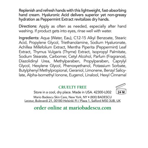 Mario Badescu Hydrating Hand Cream for Dry Cracked Hands - Hand Care Infused with Revitalizing Peppermint - Absorbs Quickly, Non-Greasy and Delivers Lightweight Hydration, 4 Fl Oz