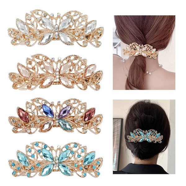 Lawie 4 Pack Luxury Butterfly Jeweled Crystal Rhinestone Glitter Sparkly Metal Hair Barrettes Snap Clips Hairpins Hairgrip Thin Thick Bun Twist Holder Hair Accessories for Women Girl