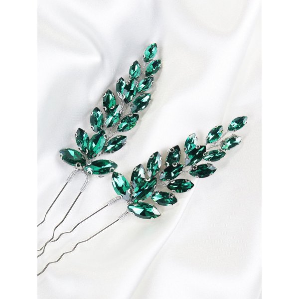 Brihasory Full Rhinestone Bridal Hair Pins 2PCS Wedding Hair Pieces for Brides, Handmade Hair Clip for Women Hair Accessories, Daily Party Prom Hair Decoration Bridesmaid Gifts(Green)