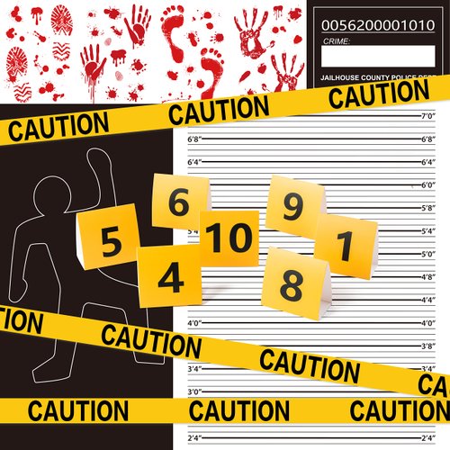 TICIAGA 29pcs Crime Scene Decors Kits, Body Silhouette Crime Scene Tape Evidence Markers and Bloody Sticker and Photo-Booth Props with Height Chart Backdrop Poster, Home for Crime Scene Party Decors