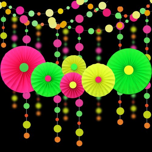 6Pcs UV Neon Hanging Paper Fans Flowers Glow Paper Fans Party Supplies and Decorations Glow in The Dark Blacklight Reactive Fluorescent Black Light Party Kit Neon Party for Birthday Wedding