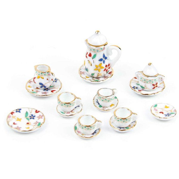 AUEAR, 15 Pack Miniature Ware Porcelain Tea Set 1:12 Miniatur Dish Cup Plate Classic Kitchen Accessories(Gold Leaf Pattern)