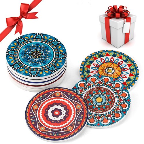 AODINI Coasters for Drinks, Set of 8 Absorbent Stone Coasters for Wooden Table, Mandala Ceramic Coasters with Cork Base, Gift for Housewarming Birthday and Family - Great Home and Dining Room Decor