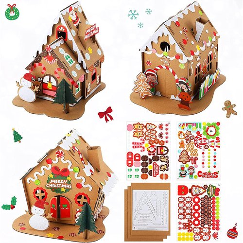 Sumind 3 Sets Christmas Gingerbread House Kit Small Xmas DIY Craft Kit Mini Christmas Cardboard Make-a-Gingerbread House Craft for Christmas Party Craft Holiday Supplies Decor(Classic Style)