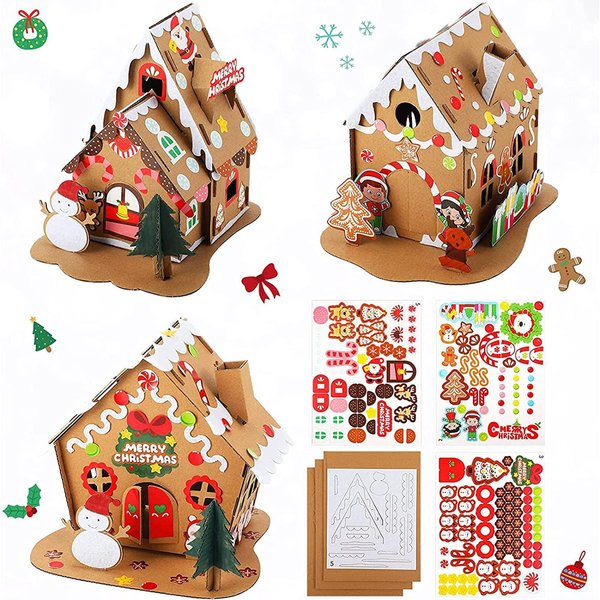 Sumind 3 Sets Christmas Gingerbread House Kit Small Xmas DIY Craft Kit Mini Christmas Cardboard Make-a-Gingerbread House Craft for Christmas Party Craft Holiday Supplies Decor(Classic Style)