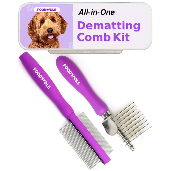 Poodoodle Pain-Free Dematting Comb Kit for Dogs & Cats, Dematting Rake & Detangling Dual-Side Comb Set, Dematting Brush for Dogs & Cats, Pet Grooming Tools Kit for Poodle Doodle & All Long Haired Pets