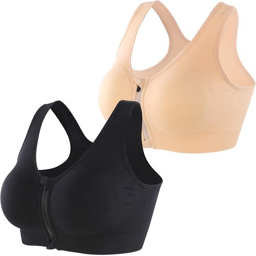INIBUD Women's Sports Bra Post-Surgery Bra Zip Bra Zipper Front Wirefree Removable Pads Yoga Bra Zip Sports Bra (2 Pack (Bb), Small)