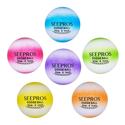 SEEPROS Foam Dodgeball Set Gator Balls - Soft Skin, Low Bounce, Neon Color, Set of 6 with Mesh Storage Bag for Kids and Adults 6 Inch