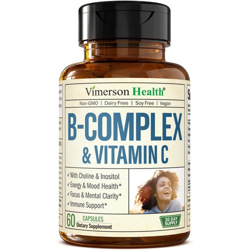 Vitamin B Complex with Vitamin C & Folic Acid (Folate) - 8 High Potency B Vitamins: B1, B2, B3, B5, B6, B7, Vitamin B12 + Biotin, Choline & Inositol. Aids Mood, Energy, Nervous System & Immune Support