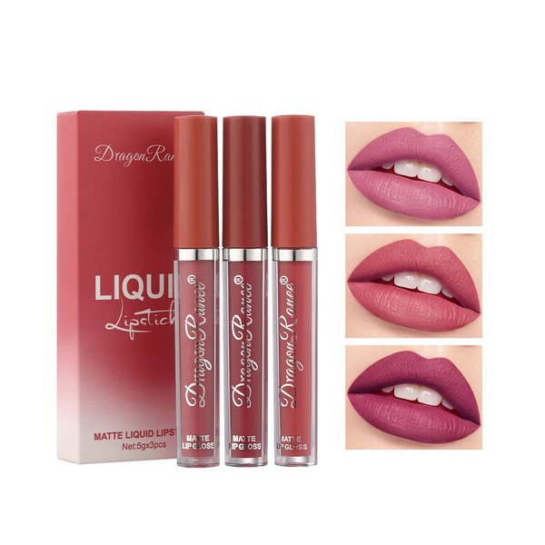 3 Colors Matte Liquid Lipstick Sets , Matte liquid Long-Lasting Wear Non-Stick Cup Not Fade Waterproof Lip Gloss Lip Stain for Makeup Collection - Nourishing Lipstick with a Matte Finish (Pink Red)