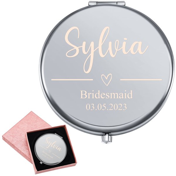SWIMFUN Personalized Compact Mirror, Engraved Travel Makeup Mirror Handheld Small Mirror, Portable Pocket Mirror, Custom Gift for Woman Girl Bridesmaid Mother, 1X/3X Magnification(Design 04)