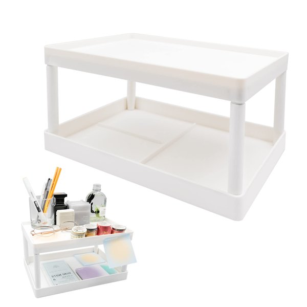 GSHYMXT souG Desktop Storage Rack Organizer for Kitchen Bathroom Office Dorm - Double-Layer Cosmetic Stationery Storage Holder and Table Sundries Display Shelf - White