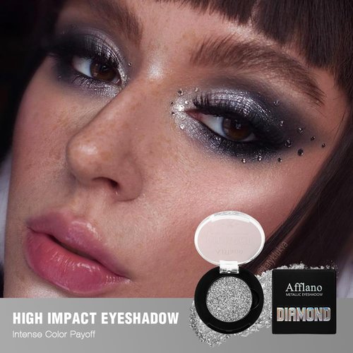 Afflano Silver Glitter Eyeshadow Super Pigmented, Intense Color Gray Silver Eyeshadow Palette Single, Long Lasting Sparkle Shimmer Metallic Glitter Eyes Look, Blendable Neutral Grey Eye Shadow Makeup