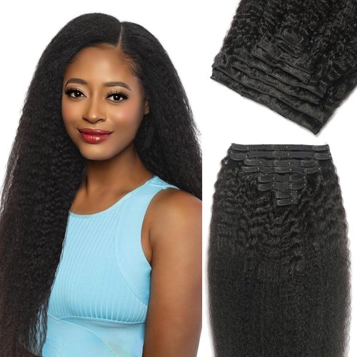 Kinky Straight Clip in Human Hair Extensions for Black Women 8Pcs 120g Seamless Kinky Straight Clip Ins 18Clips Double Weft 100% Human Hair Full Head Clip in Hair Extensions (1B 22 Inch)