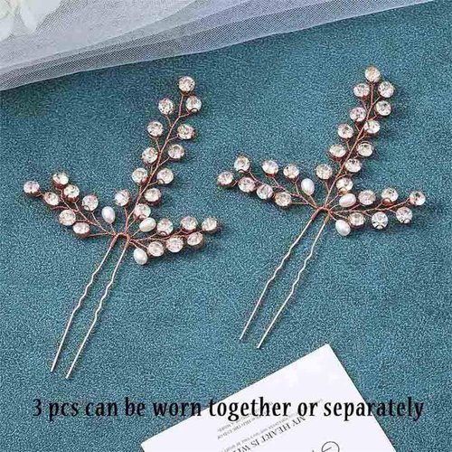 Yokawe Bridal Wedding Hair Pins Rose Gold Rhinestone Bride Hairpin Pearl and Crystal Hair Accessories for Women and Girls （Pack of 2）