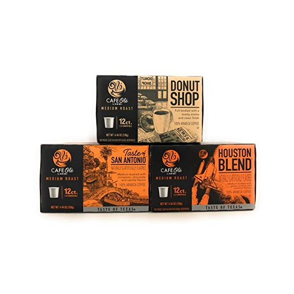 Cafe Ole Gourmet Coffee Single Serve Coffee Cups Assortment, 12ct. (36 Cups) Houston Blend, Donut Shop, Taste of San Antonio