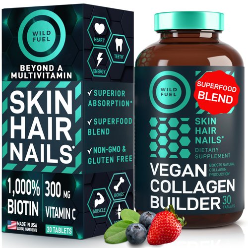 WILD FUEL Vegan Collagen Builder - Biotin, Organic Superfood, Amino Acids Glycine, Lysine, Proline Plant-Based Collagen Booster Supplements - 30 Organic Extract Tablets