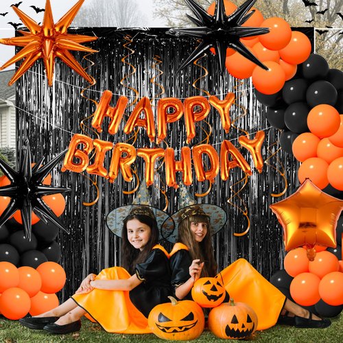 86pcs Orange Birthday Decorations Happy Birthday Balloons Orange and Black Birthday Party Supplies Hanging Swirls Fringe Curtains Tablecloth for Autumn Fall Halloween Birthday Party Decorations