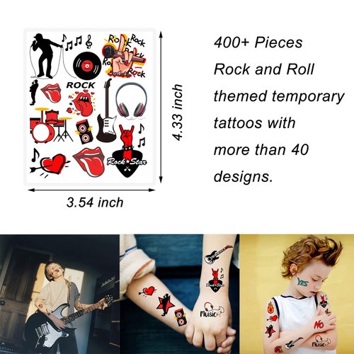 ATSMOICY 420 Pieces Rock and Roll Temporary Tattoos - 80s 90s Party Supplies Musician Guitar Rap Birthday Baby Party Favors Decorations Kids Tattoo